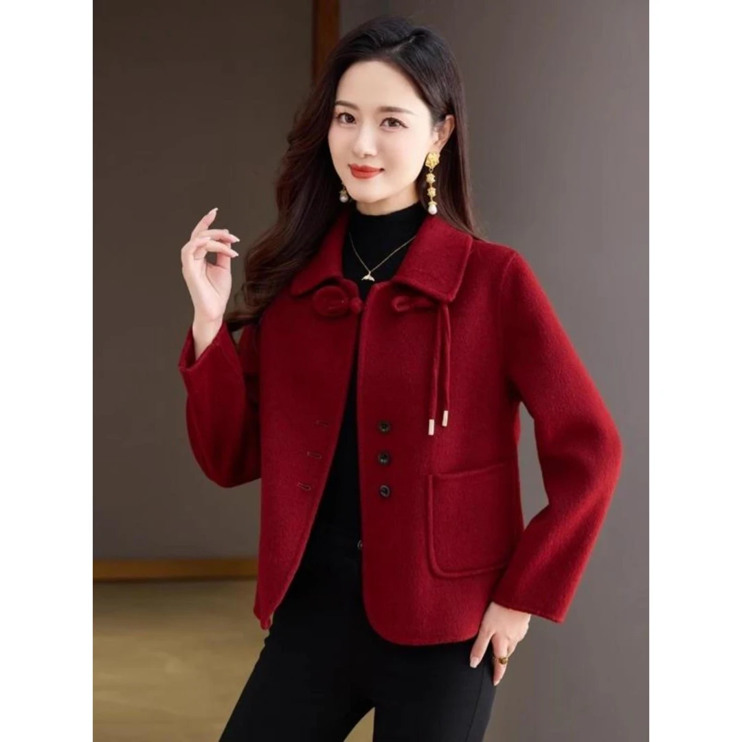 酒红色短款双面气质大衣时尚女秋冬新款小个子毛呢子外套上衣洋气