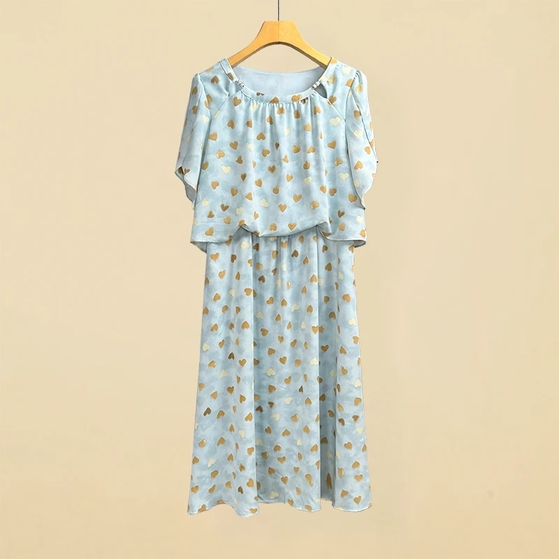 气质优雅爱心印花减龄遮肉显瘦高级感假两件连衣裙侧拉链有口袋