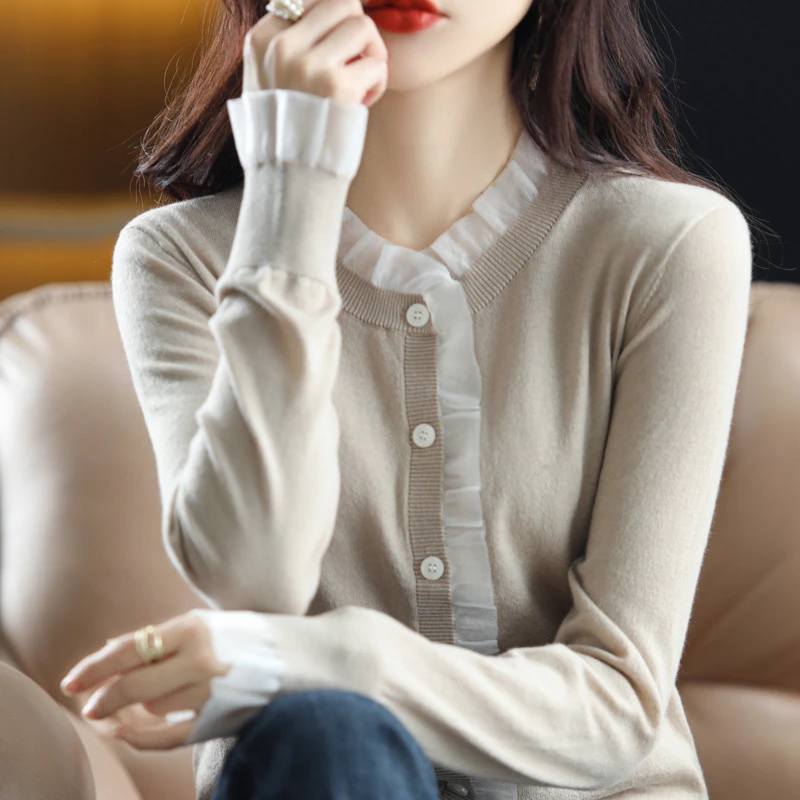 柔情复古~女士蕾丝木耳边精纺羊毛针织开衫