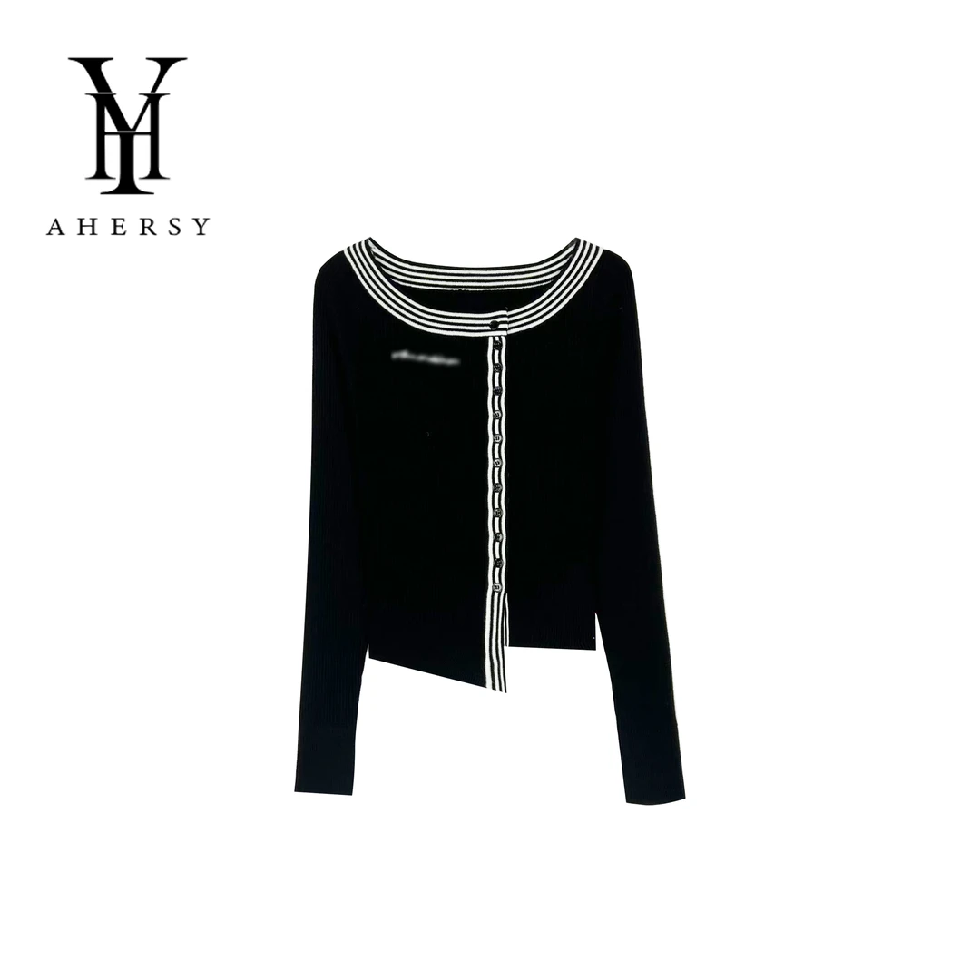 针织一字领条纹冬季薄款毛针织衫毛衣短款轻奢毛衫18887