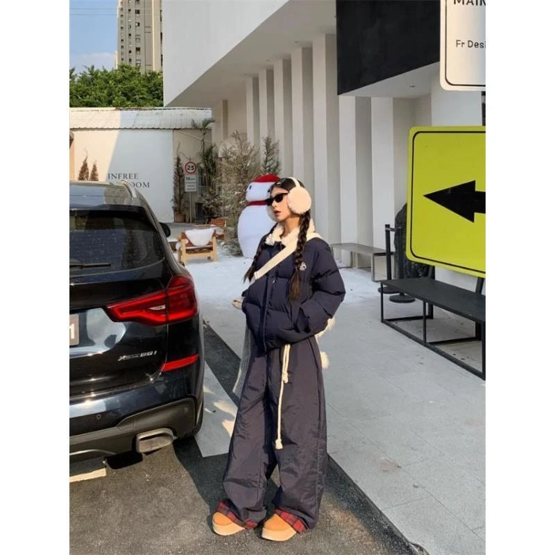 美式复古短款棉服外套女冬季百搭翻领加厚毛领加绒加厚阔腿裤套装