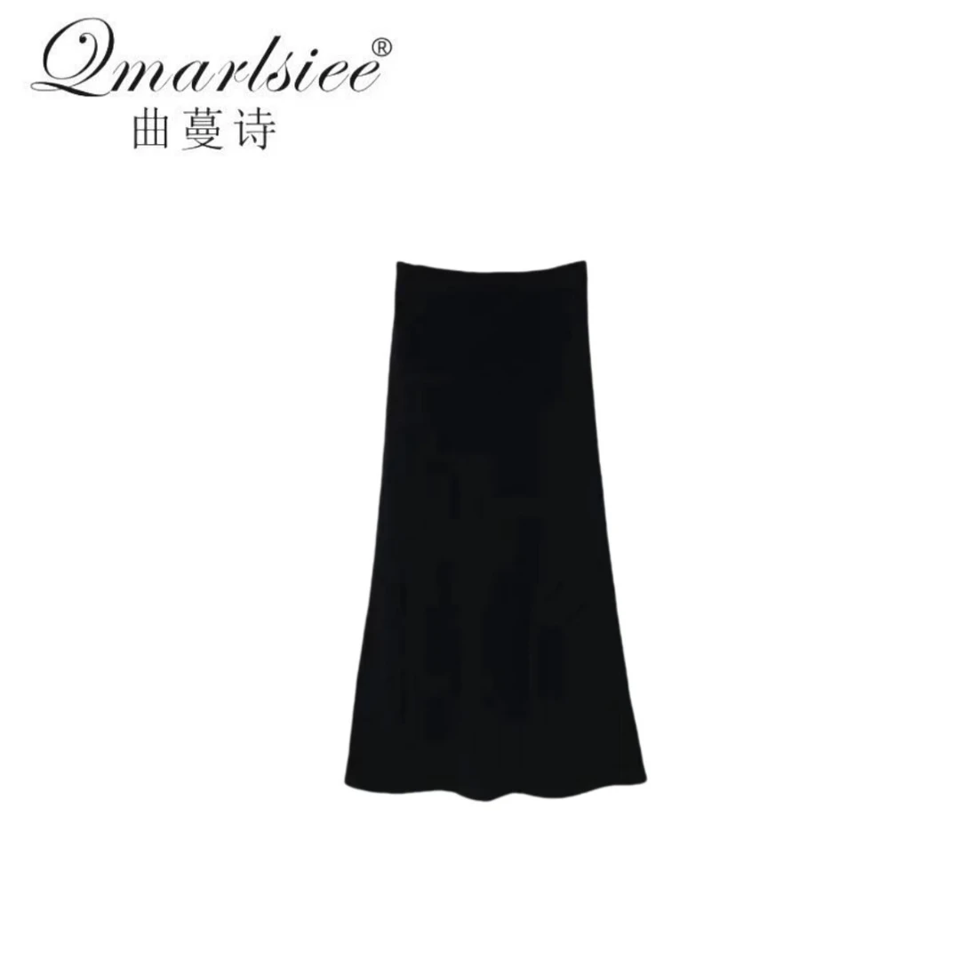 QMARLSIEE/曲蔓诗秋冬高腰百搭显瘦100%桑蚕丝真丝丝绒黑色半身裙