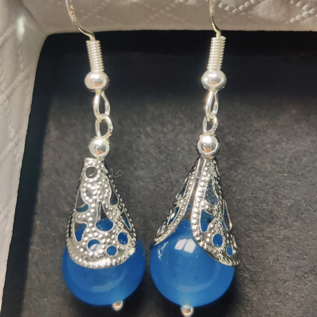 925蓝美人蓝玉髓灯笼款耳饰银包边简约大方时尚百搭款圆脸方脸入