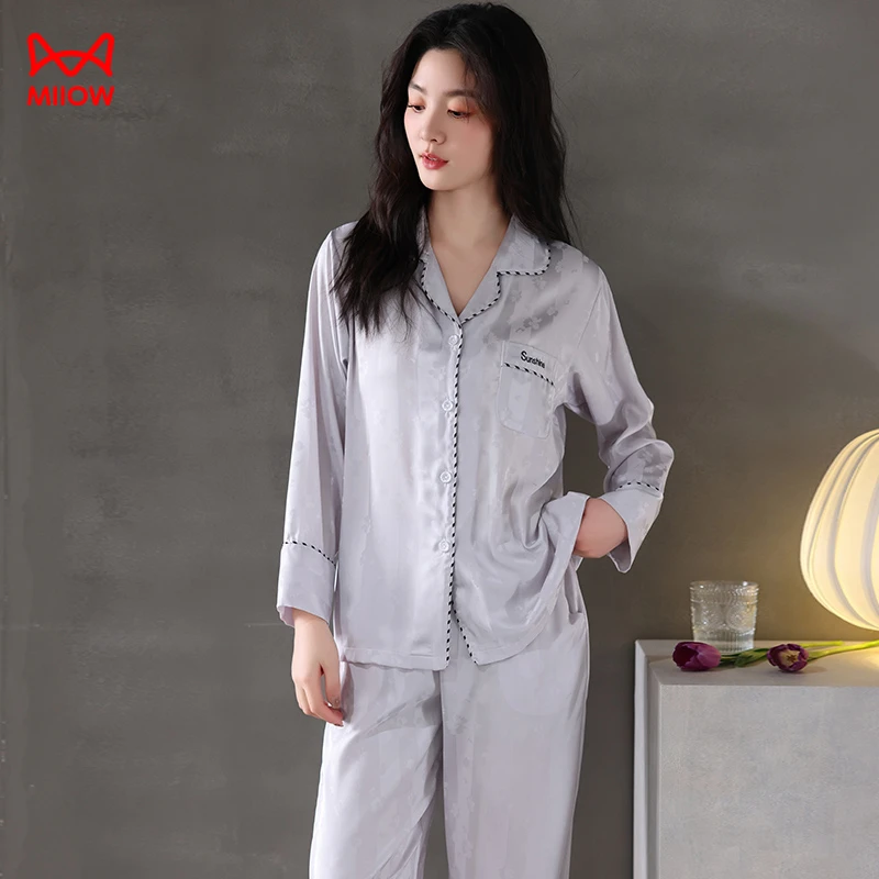 MiiOW/猫人春夏款女士缎面雕花刺绣长袖睡衣高品质送礼家居服套装