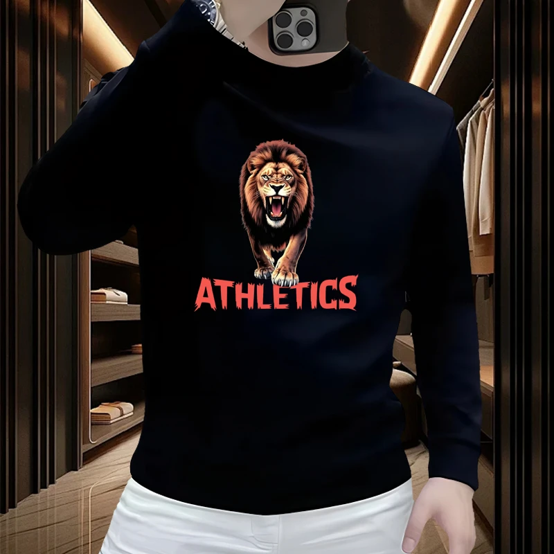 美式印花狮子长袖T恤男士2025秋冬时尚潮流宽松保暖圆领卫衣男装