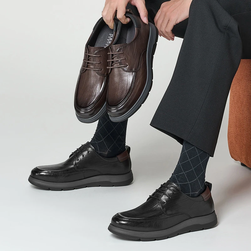 Harson/哈森休闲皮鞋百搭男士透气潮流黑色系带商务真皮