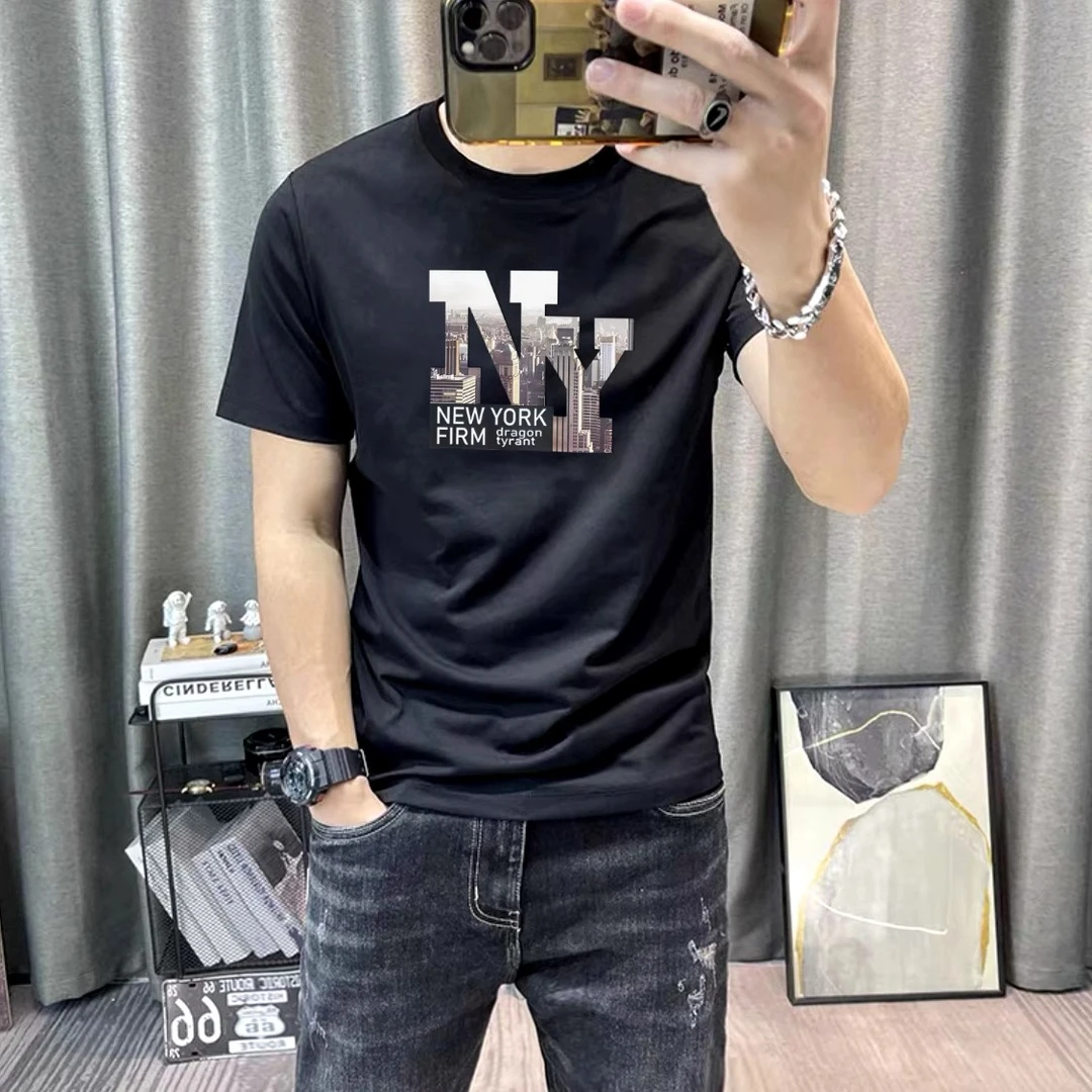 夏季韩版修身潮流丝光棉男T时尚t恤衫涂鸦字母印花短袖t恤男青年