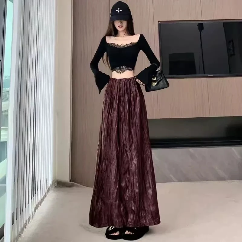 妮妮家5539秋季新款百搭时尚显瘦褶皱高腰半身裙