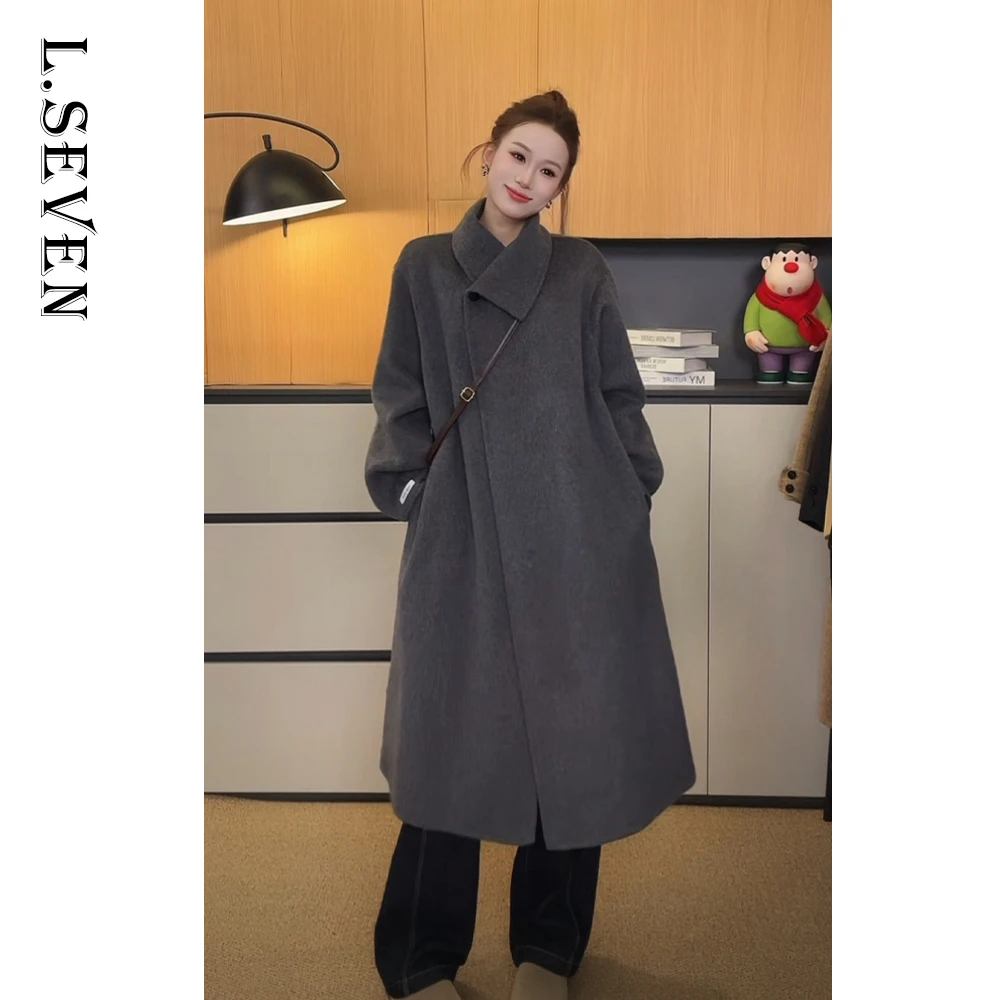 长款毛呢外套气质极简风女黑色宽松型翻领中长款秋季