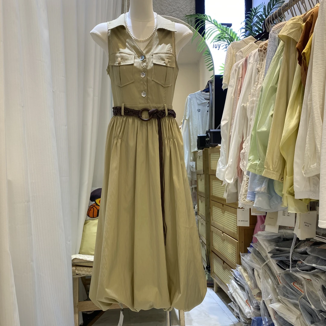 无袖拼卡其色接夏季翻领法式长裙连衣裙
