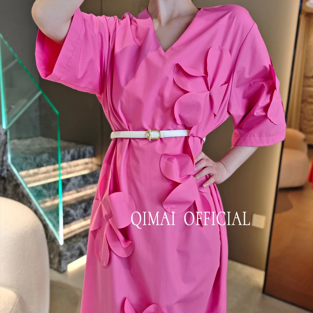 设计师麦子原创时尚气质A字裙粉色中长款刺绣连衣裙气质高级感33