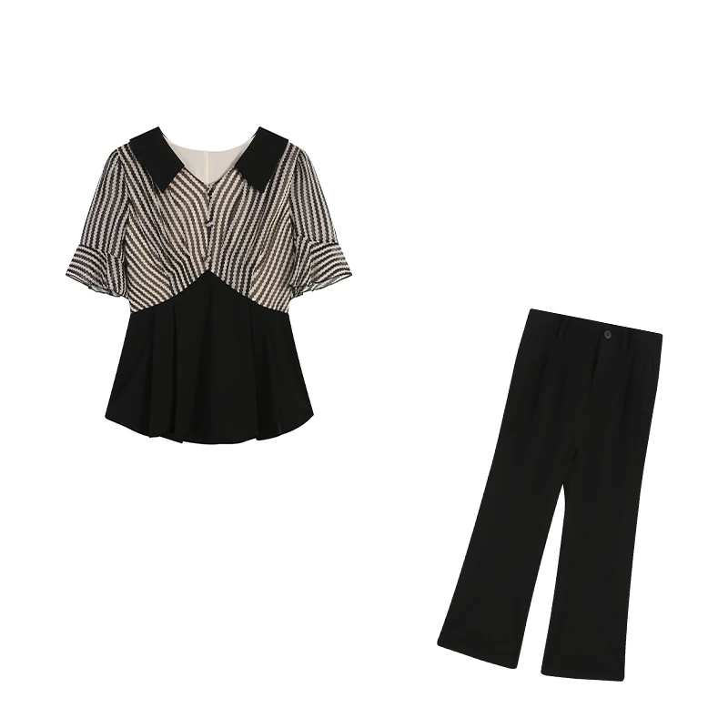 黑拼气质条纹上衣+黑色长裤洋气两件套套装显瘦阔腿衬衫休闲减龄