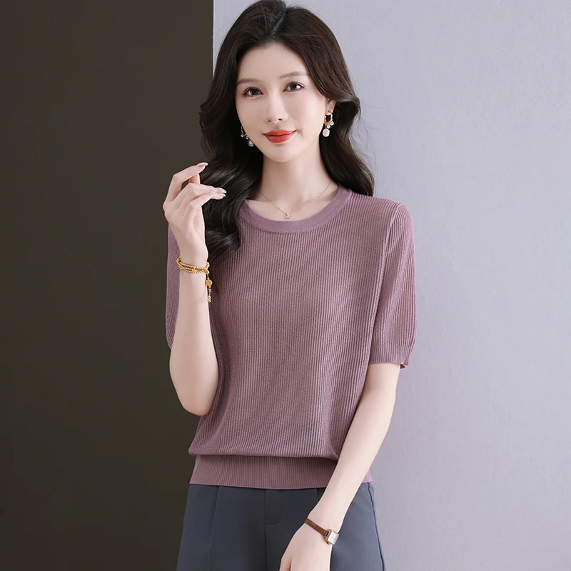 短袖t恤女夏季新款打底衫洋气大码女装显瘦薄款针织