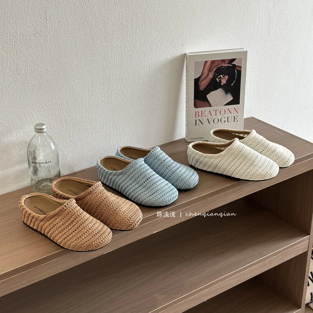 厚底增高休闲百搭编织高跟纯色包头拖透气春夏女鞋包头拖鞋