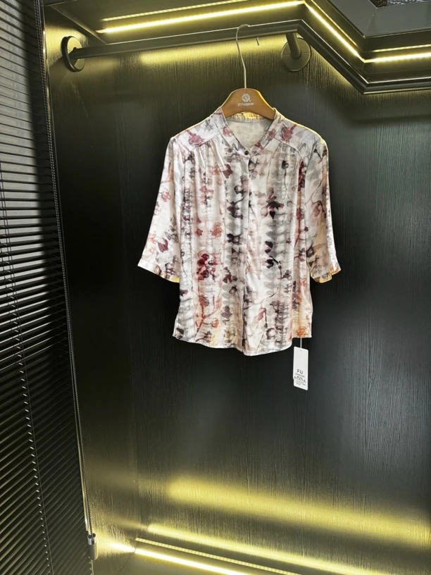夏季新款女士短袖印花桑蚕丝衬衫妈妈装上衣