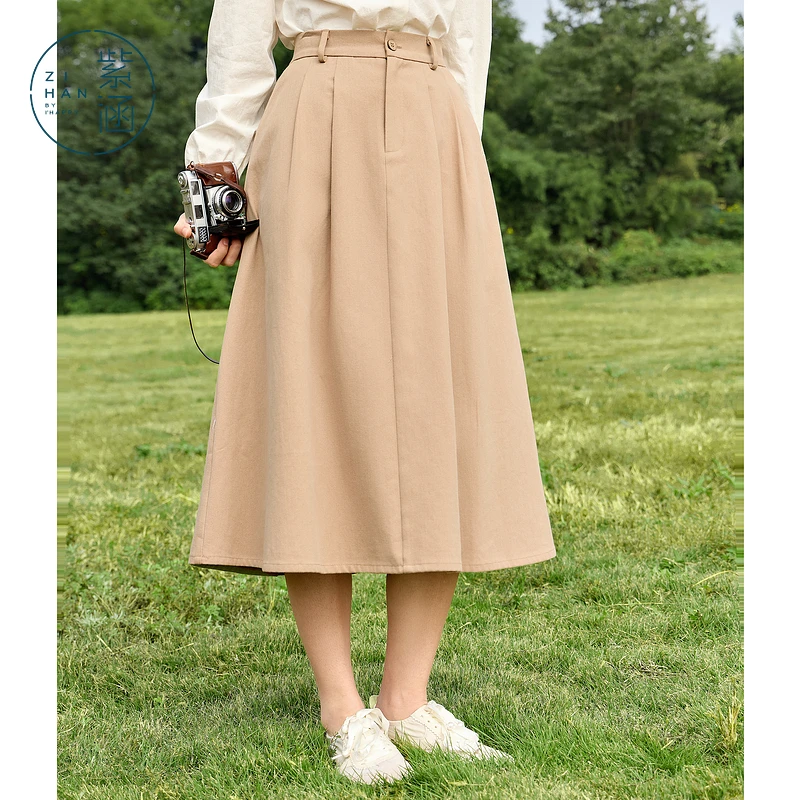 紫涵中长款刺绣伞裙女2025年春季新款简约高腰垂坠感a字半身裙子