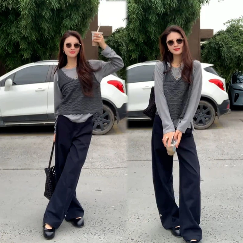 2025秋季新款设计感镂空针织马甲女长袖打底衫休闲阔腿裤三件套