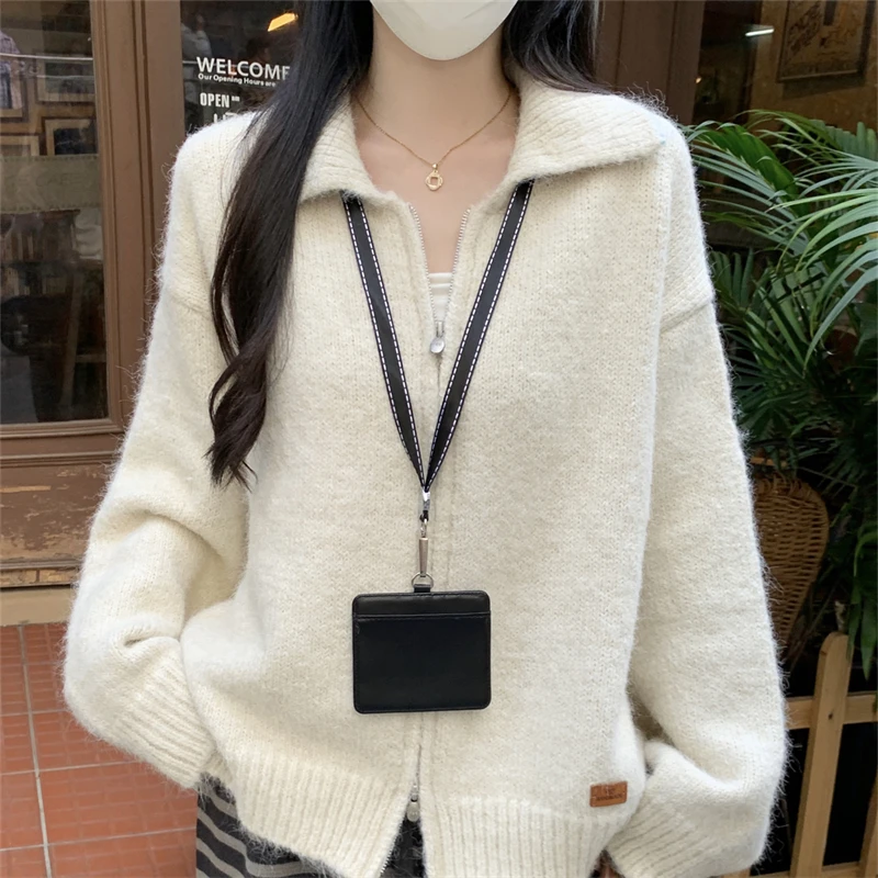 韩系毛绒拉链开衫翻领针织外套女秋冬新款慵懒风宽松毛衣保暖上衣