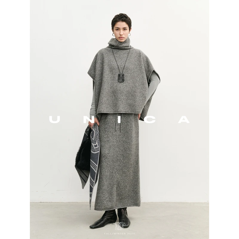 UNICA/随性优雅B备_贵气时髦羊绒混纺温暖荡领上衣半裙针织套装
