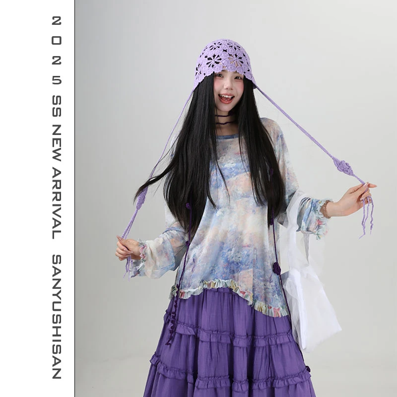 三与十三|油画花园|复古森系油墨印花薄款宽松圆领长袖上衣