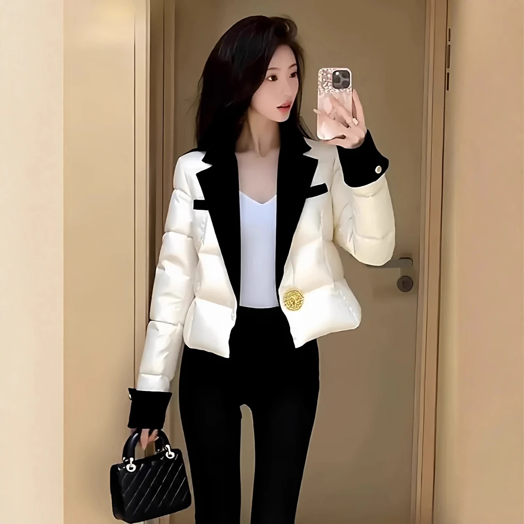 小香风短款保暖棉服棉服女冬季2025新款撞色西装领金属扣棉衣外套