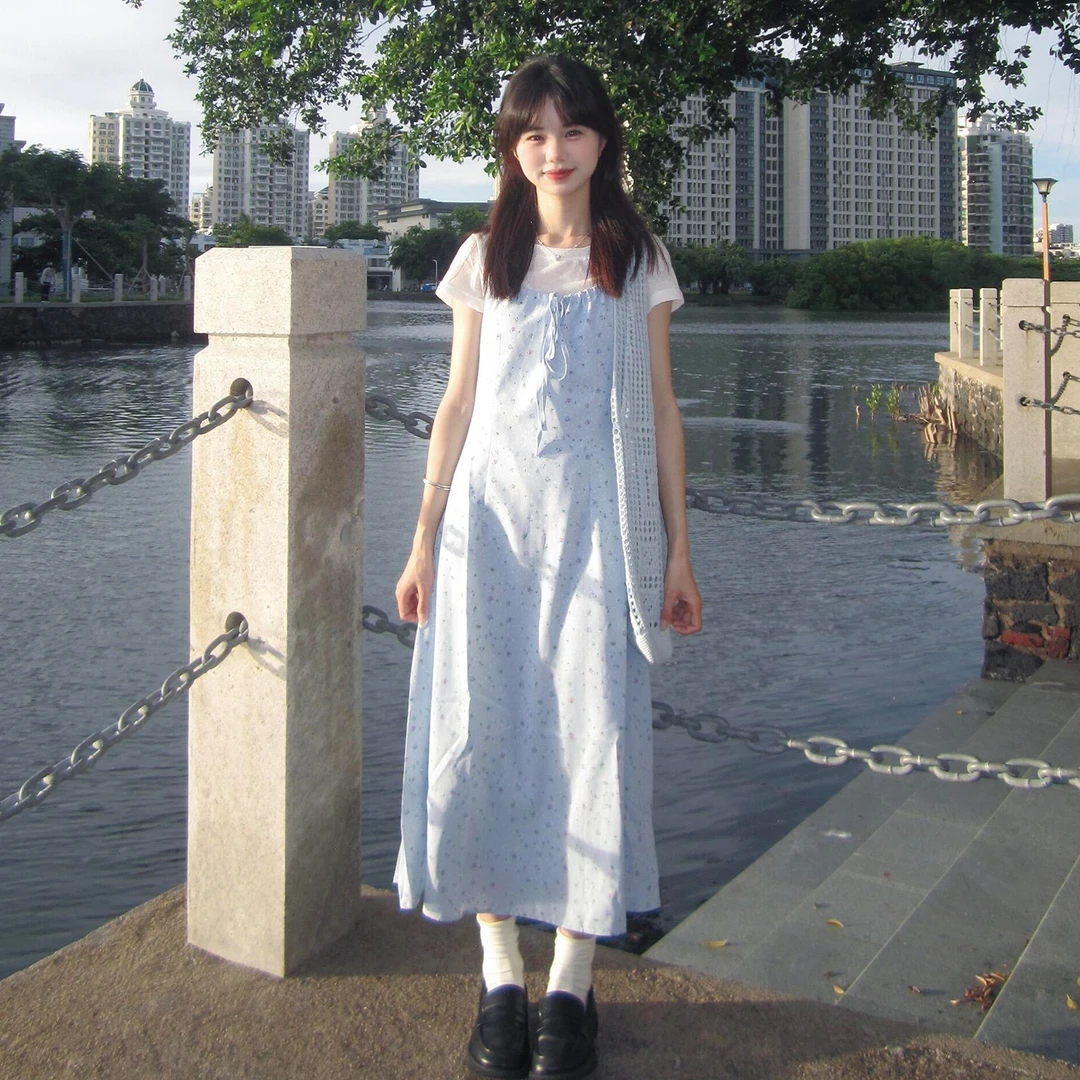 【现货+运补】小香蓝色碎花吊带连衣裙子女夏小个子收腰无袖裙4960