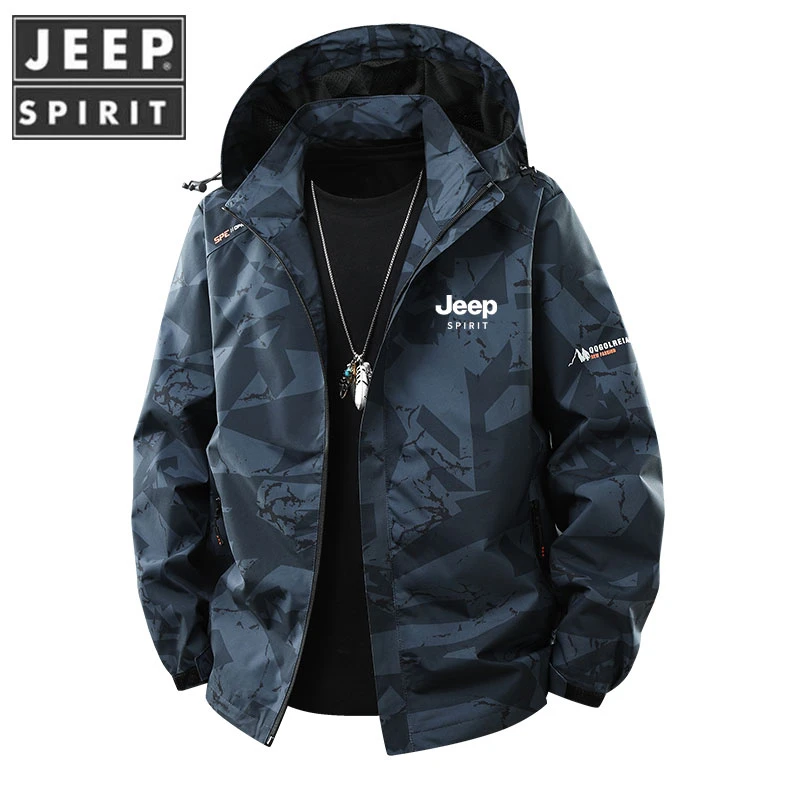JEEPSPIRIT/吉普迷彩连帽运动薄款男士夹克大码春季男装休闲防风