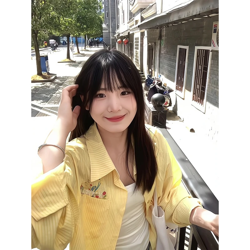 韩系简约单排扣翻领长袖衬衫显瘦上衣直筒牛仔裤垂感宽松阔腿裤子