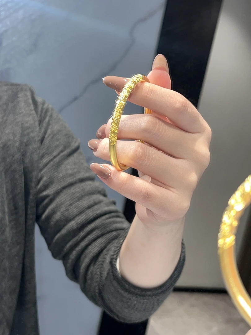 足银手镯 卷草纹手镯气质轻奢时尚素圈金色磨砂单圈素款