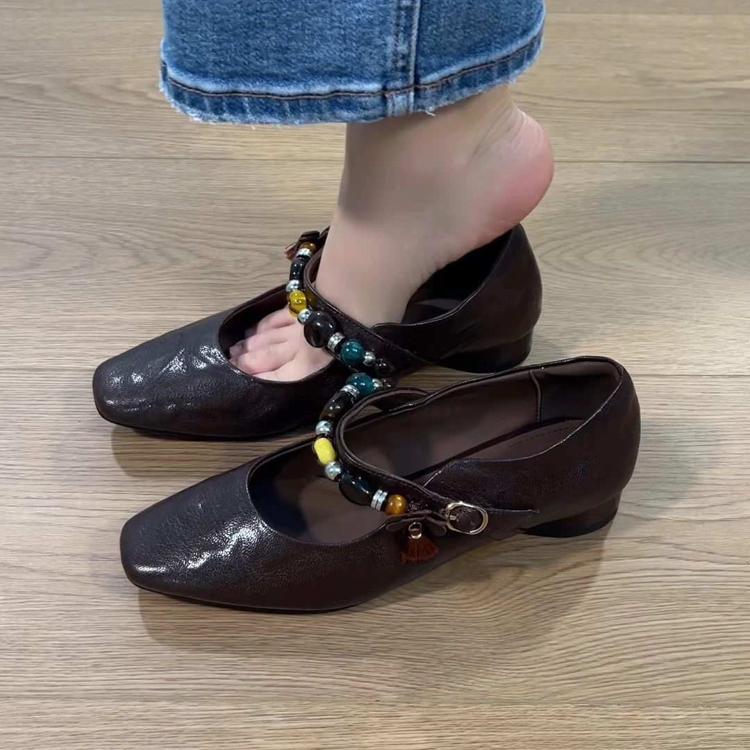 2025秋季新款复古百搭粗跟玛丽珍小单鞋舒适方头头层羊皮通勤单鞋