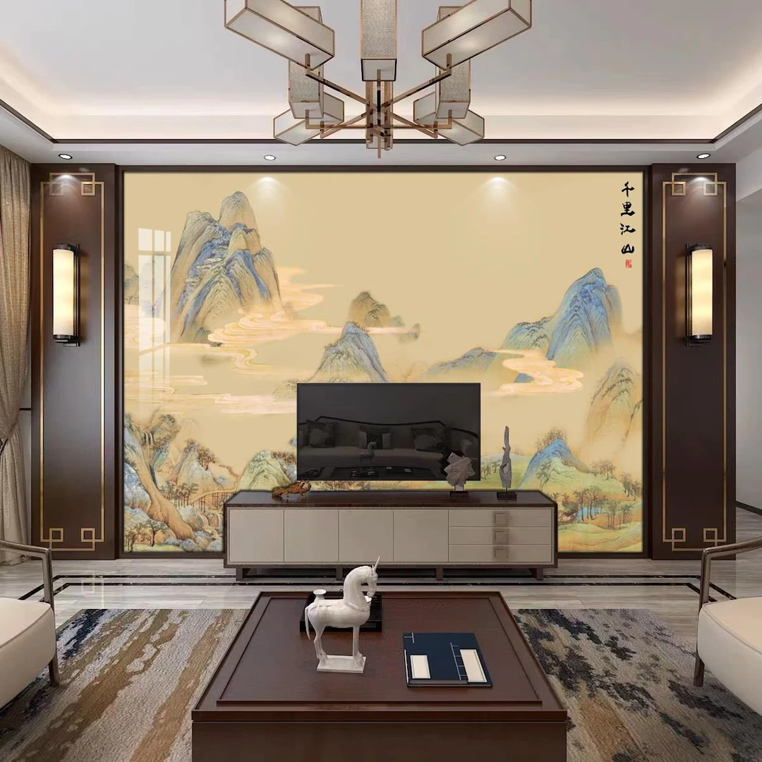 新中式水墨山水卧室沙发护墙板客厅竹木纤维电视背景集成护墙板