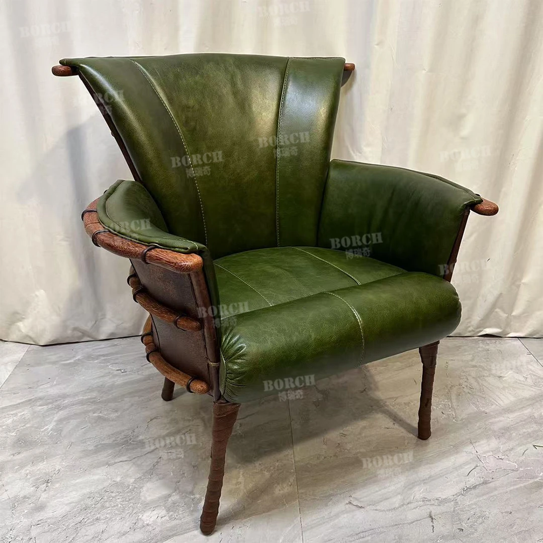 博瑞奇复古头层牛皮餐椅部落风棕榈木草绿色真皮酋长椅07742