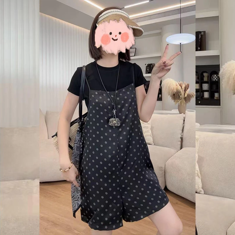 减龄时尚显瘦套装2025夏季新款小个子波点洋气上衣背带裤两件套