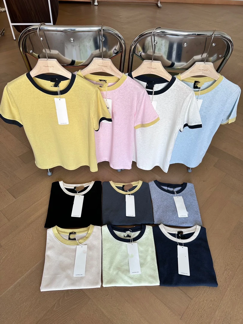 X'JIE-韩单小众！亚麻撞色多色显瘦正肩圆领T短袖高级感1391