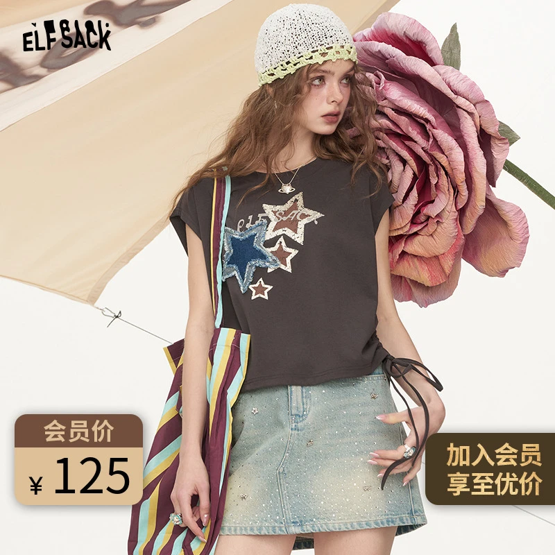 妖精的口袋复古牛仔星星无袖t恤女2025夏宽松休闲设计感25205080