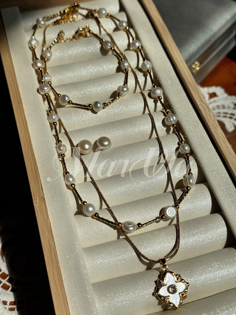 铜合金项链 轻奢优雅颈链气质时尚手工双层链条四件套