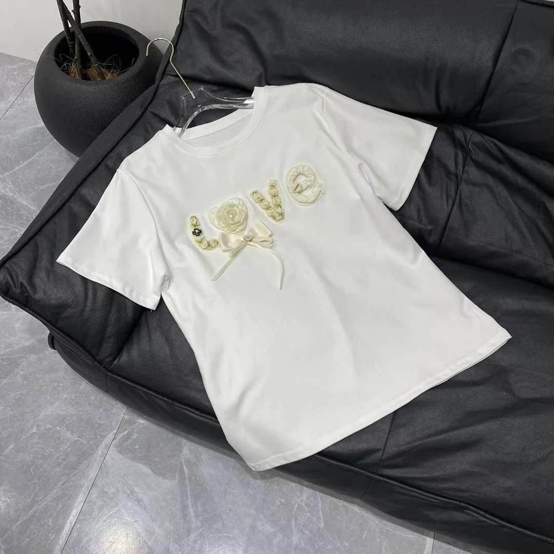 【晨浠定制】新款时尚百搭LOVE爱心蝴蝶结T恤上衣两色2310