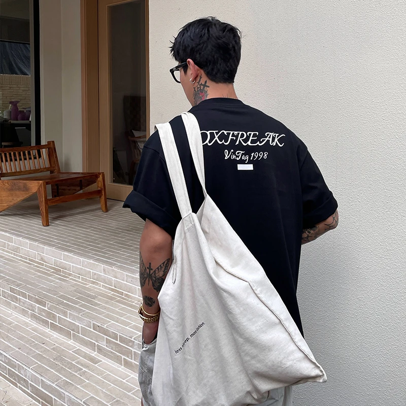 OXFREAK 「草体英文印花」300G纯棉重磅短袖t恤男圆领宽松五分袖