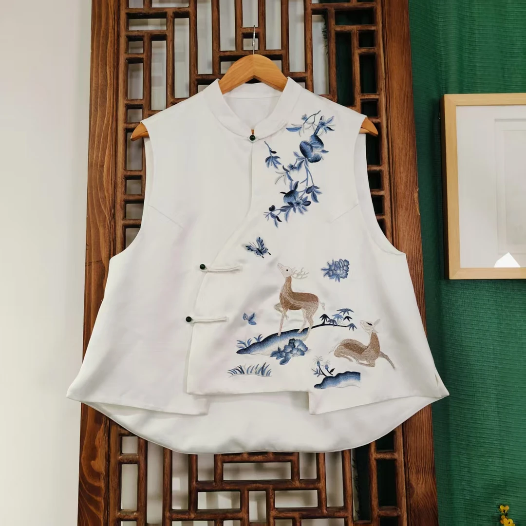 (LS352-3)凤徕兮私人定制白色光板底梅花鹿刺绣盘扣立领无袖马甲