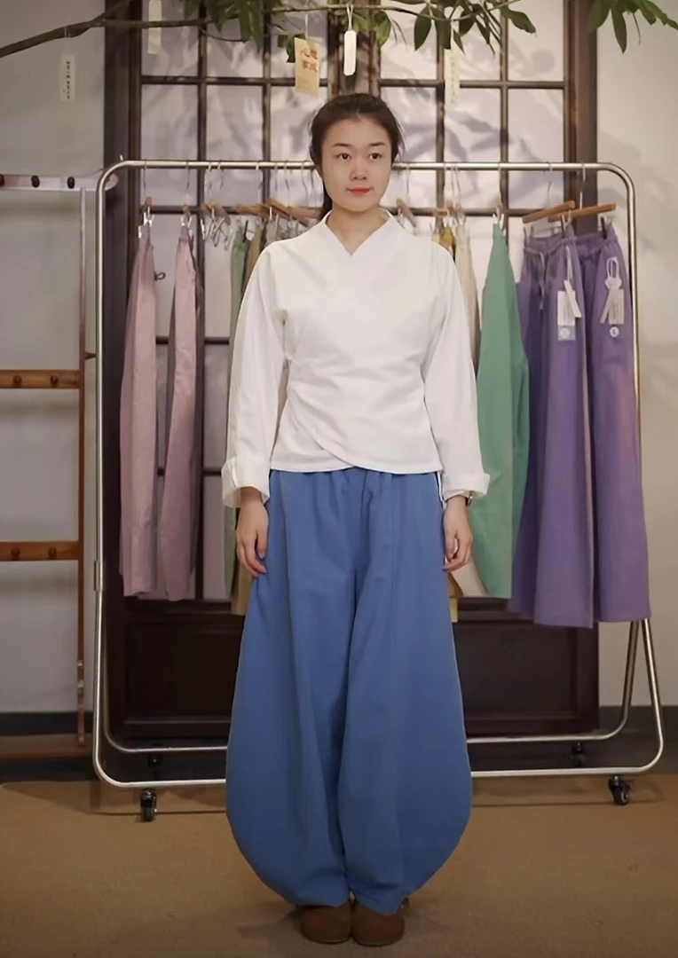 双层手工拼接立体显高收脚灯笼裤