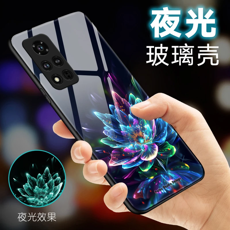 夜光花朵适用华为荣耀v40手机壳honorV40轻奢版玻璃v30pro/v30/v