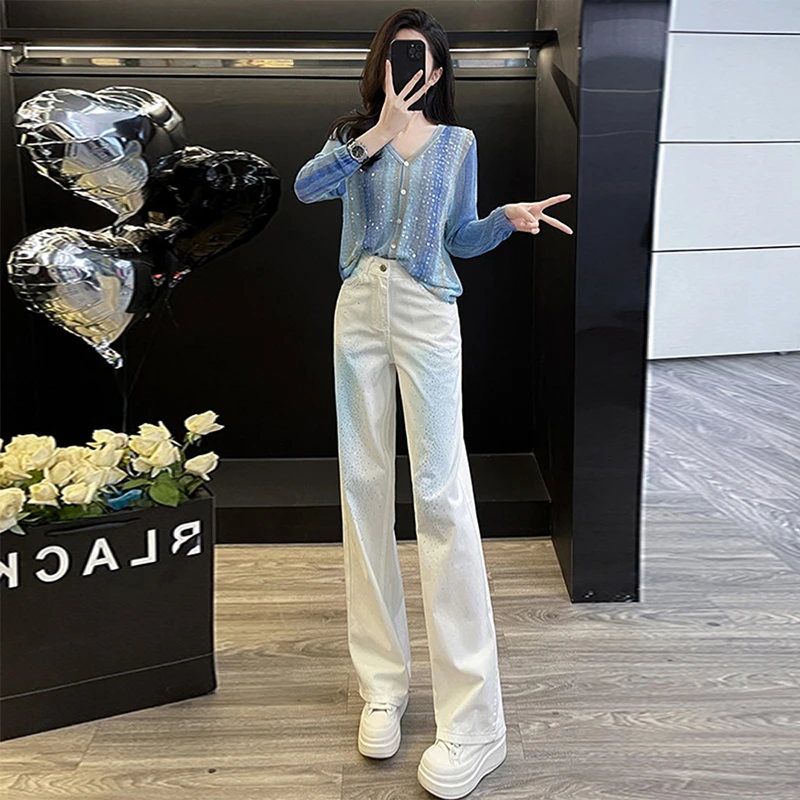 复古港风时尚休闲套装女春季气质高腰小众针织衫白色牛仔裤两件套