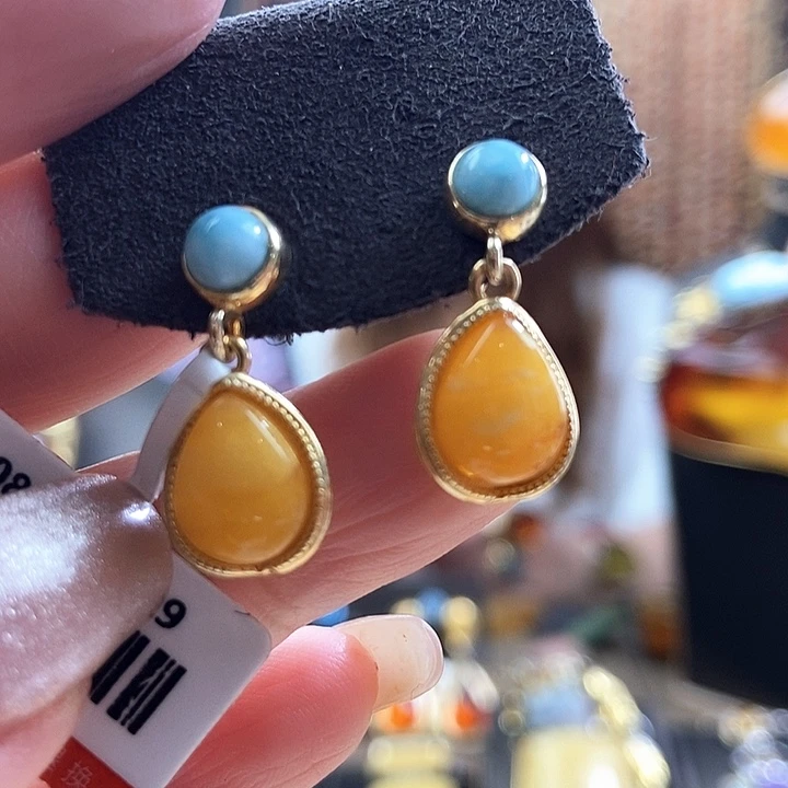 琥珀银S925镶嵌耳饰耳环