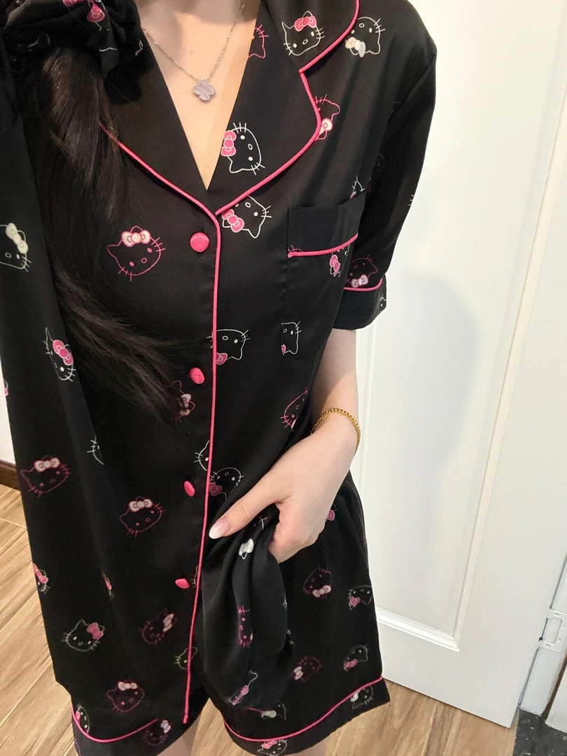 【Kitty控】高级感冰丝缎面睡衣女夏季新款短袖短裤宽松冰丝睡衣