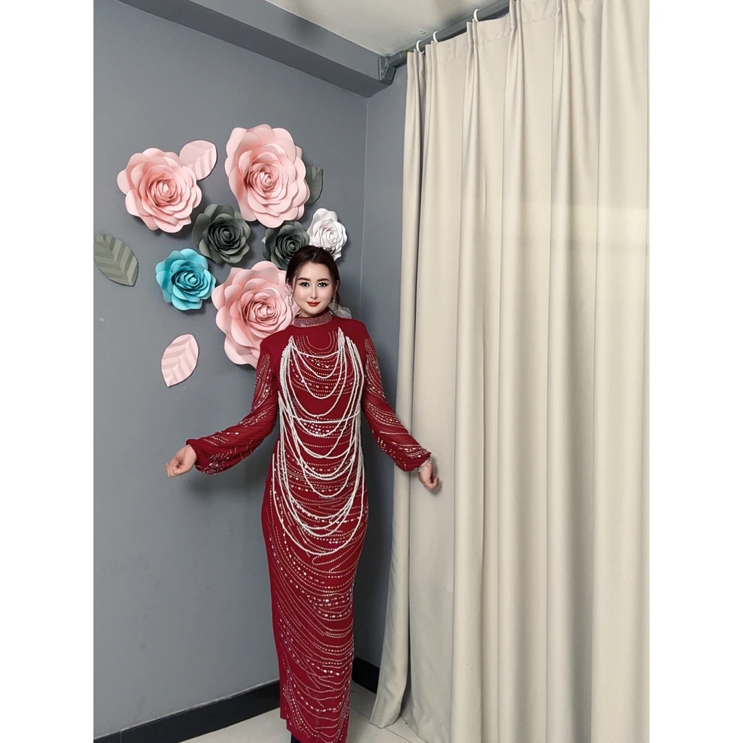 5933【迪娜包邮】宴会重工珍珠烫钻高级晚礼服款女装连衣裙