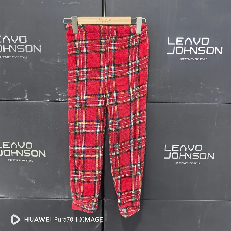 m020冬季新外贸女童自然松紧腰撞色格子束口长裤