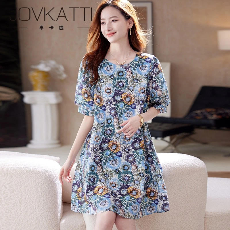 Jovkatti圆领印花泡泡袖连衣裙2025夏季时尚洋气宽松气质休闲A字