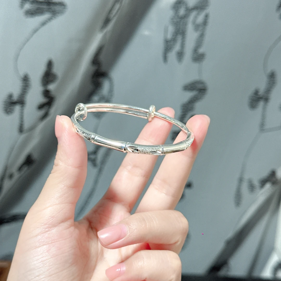 足银手镯 9999银竹节手镯古法磨砂竹叶小众实心高级轻奢简约气质