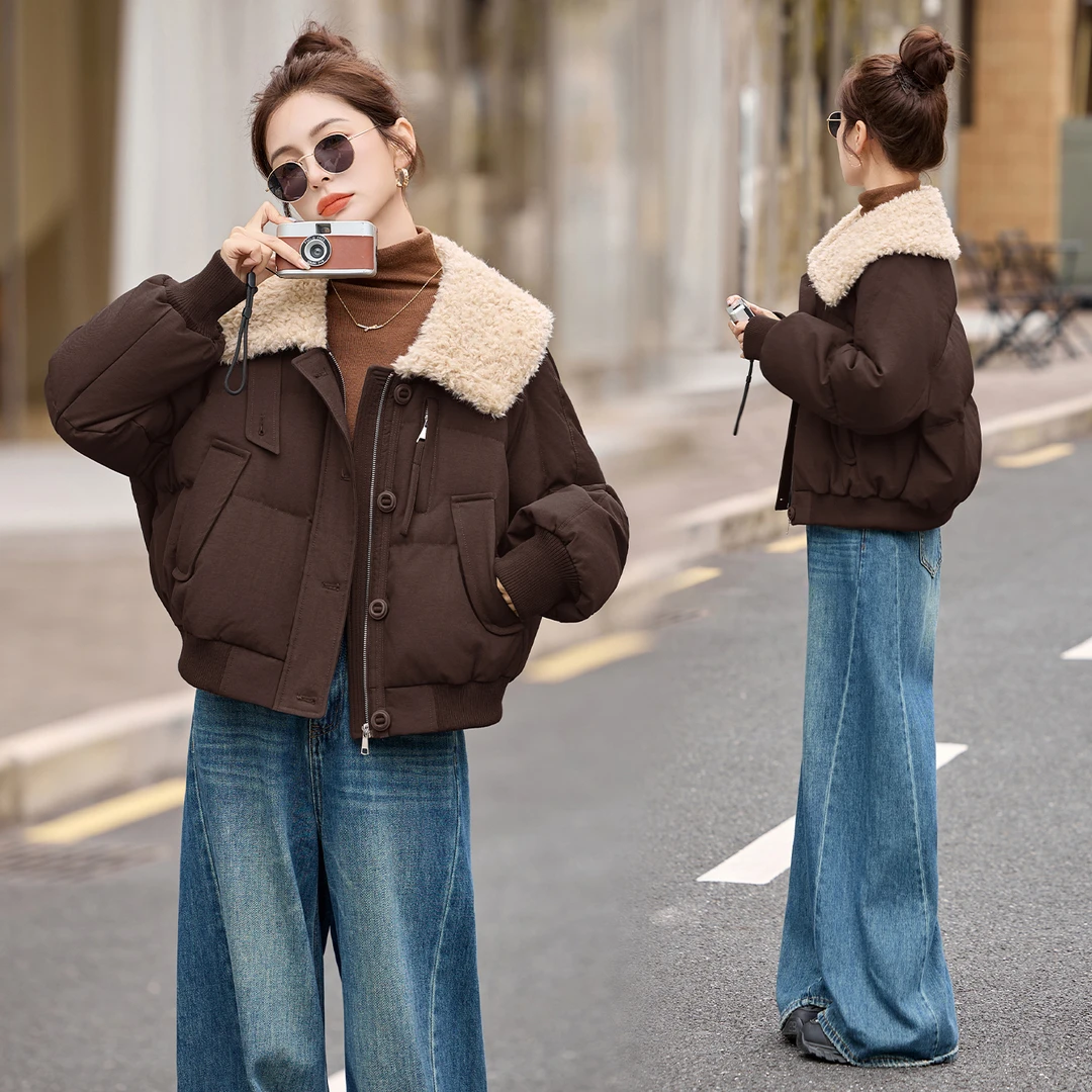 高级感气质短款羽绒服女2025冬季新款90白鸭绒羊羔毛翻领保暖外套