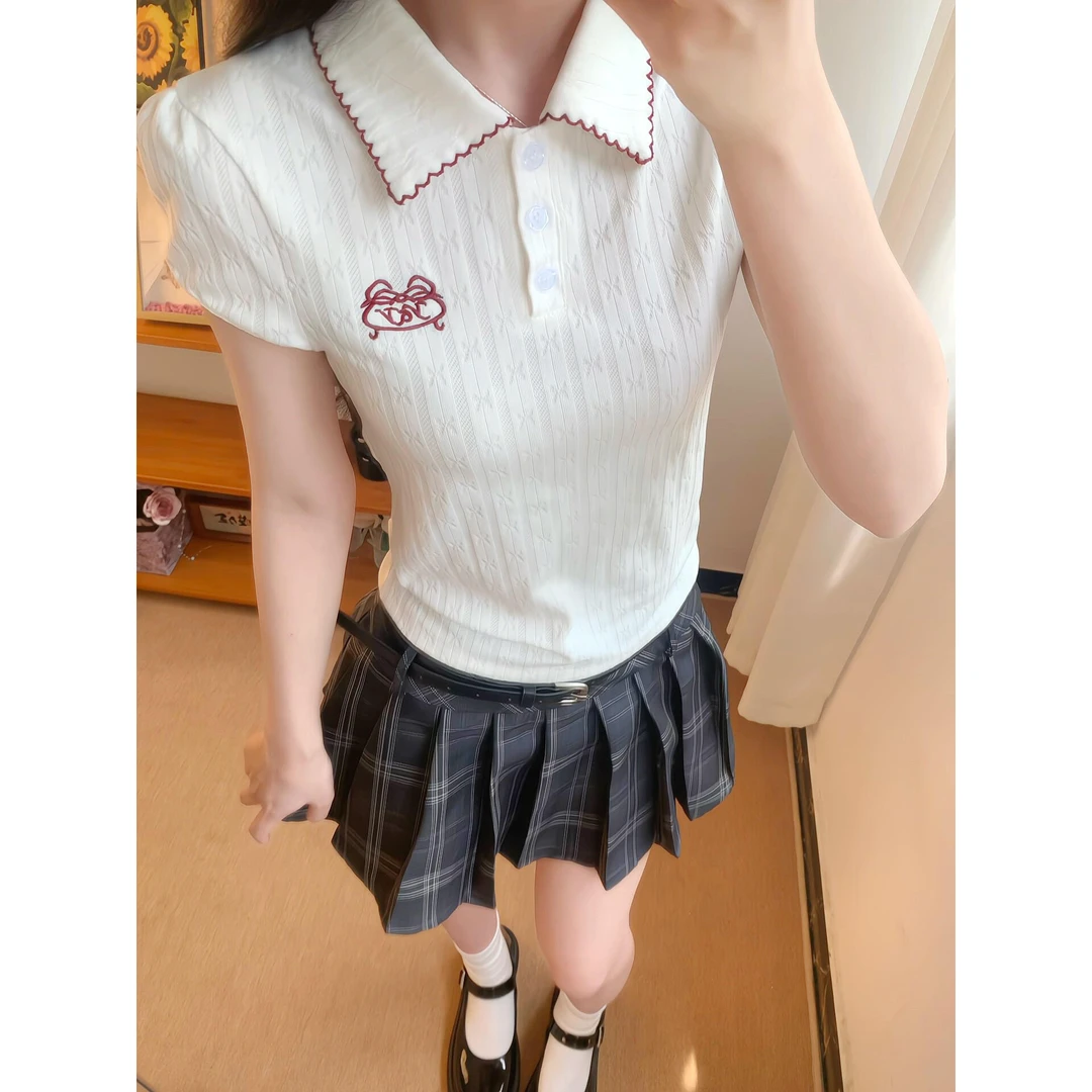 韩系氛围感polo领短袖t恤女夏季修身小个子独特漂亮正肩收腰上衣